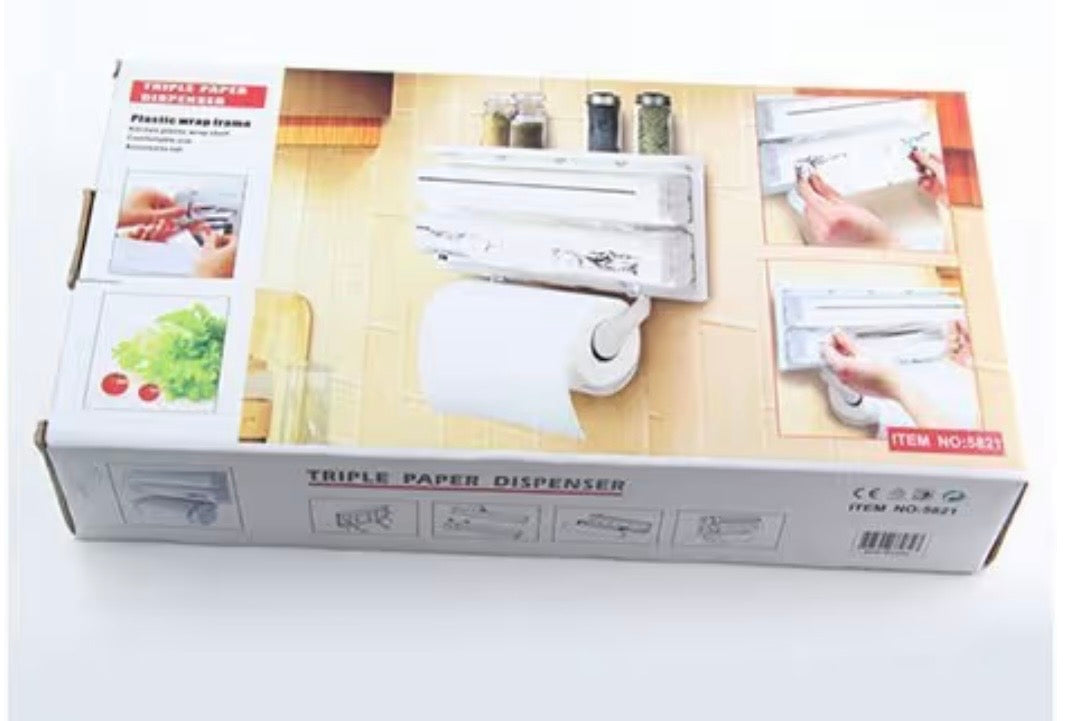 3-in-1 Triple Kitchen Dispenser – Wall-Mounted Holder for Aluminum Foil, Cling Wrap & Paper Towel