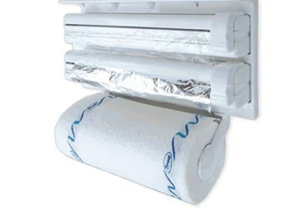 3-in-1 Triple Kitchen Dispenser – Wall-Mounted Holder for Aluminum Foil, Cling Wrap & Paper Towel