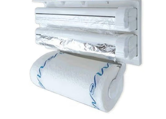 3-in-1 Triple Kitchen Dispenser – Wall-Mounted Holder for Aluminum Foil, Cling Wrap & Paper Towel